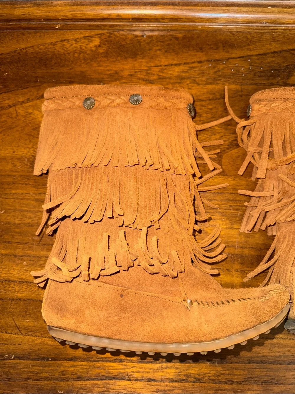 Minnetonka Suede Fringe Moccasin Boots - Rust Tan